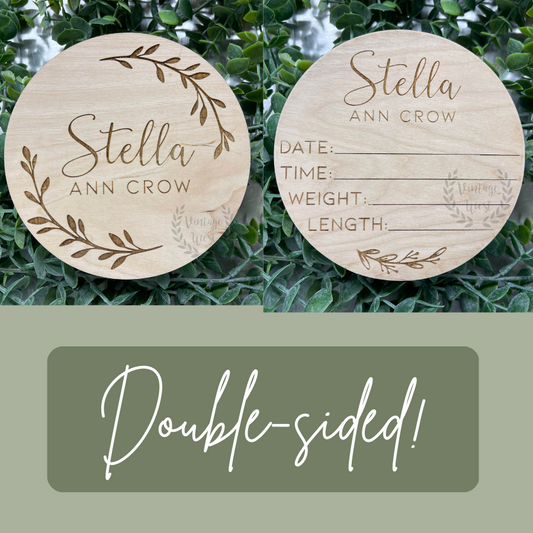 Double-Sided Floral Baby Name w/ Birth Stats Announcement Sign