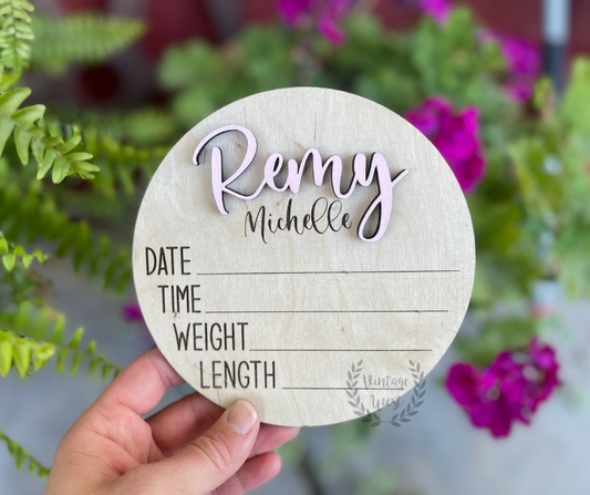 Wooden Name Baby Announcement Round