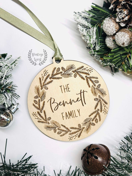 Engraved Wreath Family Ornament