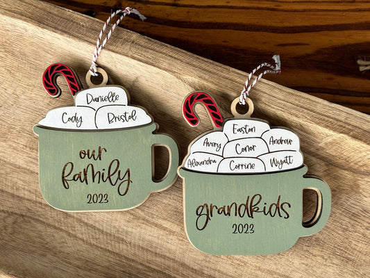 Custom Wood Hot Cocoa Family Ornament - Green