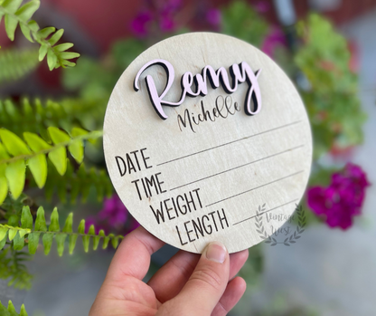 Wooden Name Baby Announcement Round