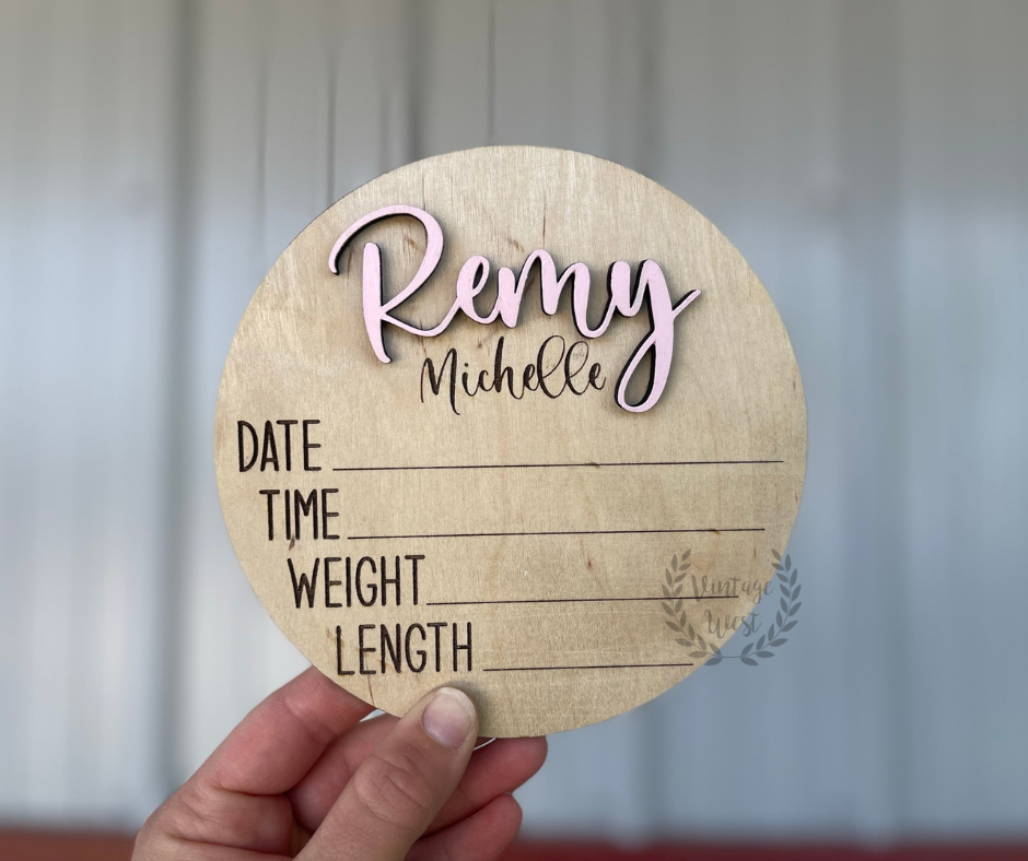 Wooden Name Baby Announcement Round