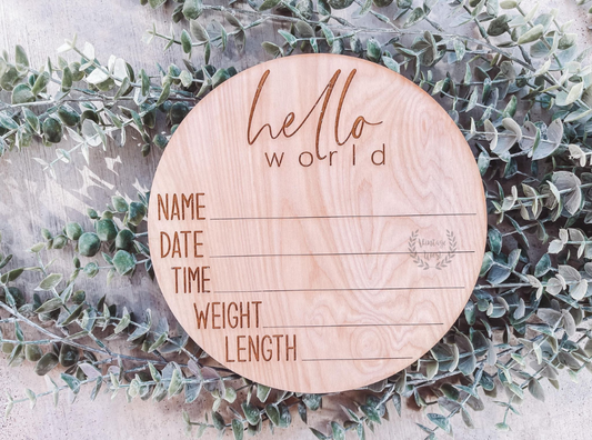 "Hello World" Birth Stats Baby Announcement Round