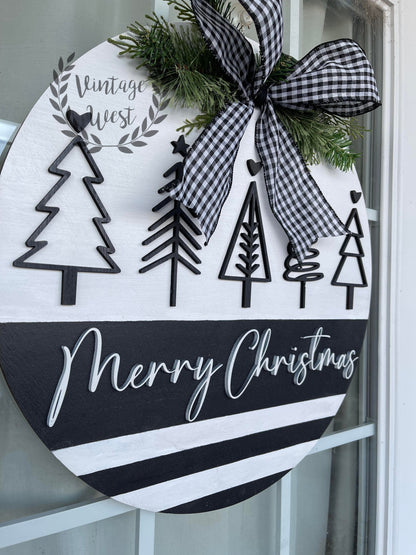 "B&W Merry Christmas w/ trees" Door Hanger